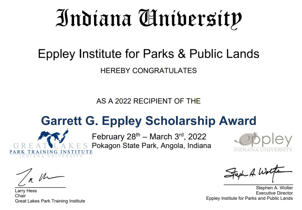 Example of a Garrett G. Eppley Scholarship Award certificate